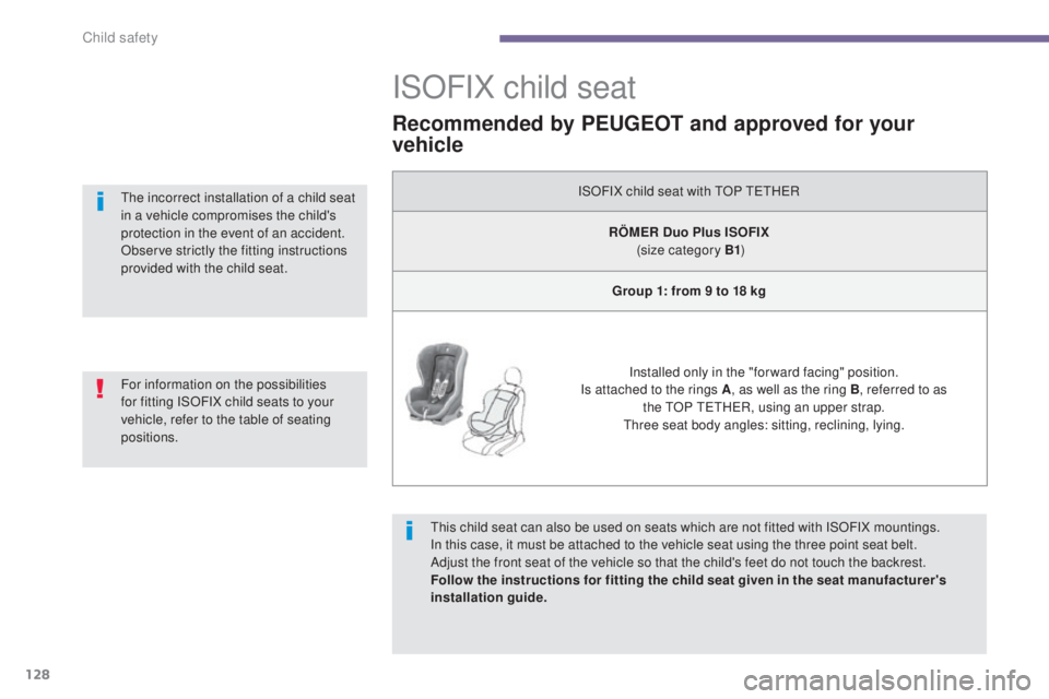 PEUGEOT 5008 2016 Owners Manual 128
5008_en_Chap06_securite-enfants_ed01-2015
ISOFIX child seat
This child seat can also be used on seats which are not fitted with ISOFIX mountings.
In this case, it must be attached to the vehicle s PEUGEOT 5008 2016 Owners Manual 128
5008_en_Chap06_securite-enfants_ed01-2015
ISOFIX child seat
This child seat can also be used on seats which are not fitted with ISOFIX mountings.
In this case, it must be attached to the vehicle s