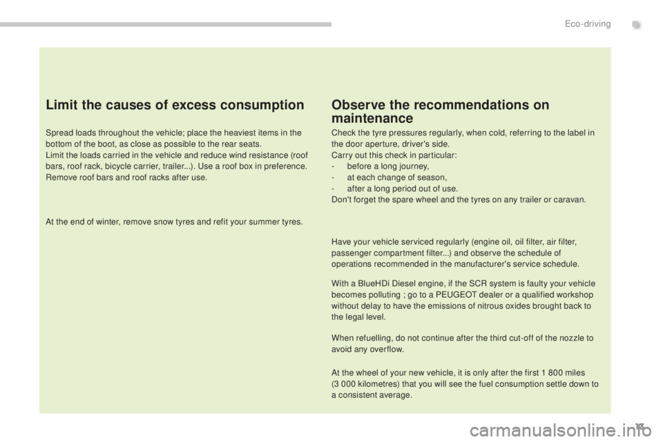 PEUGEOT 5008 2016  Owners Manual 13
5008_en_Chap00c_eco-conduite_ed01-2015
Limit the causes of excess consumption
Spread loads throughout the vehicle; place the heaviest items in the 
bottom of the boot, as close as possible to the r