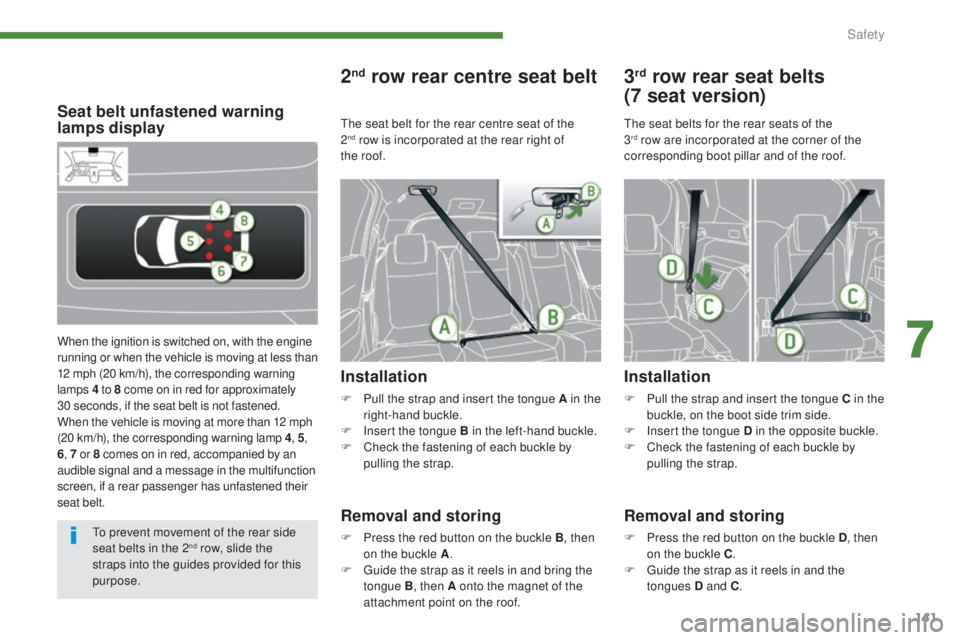 PEUGEOT 5008 2016 Owners Manual 141
5008_en_Chap07_securite_ed01-2015
Seat belt unfastened warning
lamps display
When the ignition is switched on, with the engine
running or when the vehicle is moving at less than
12 mph (20 km/h PEUGEOT 5008 2016 Owners Manual 141
5008_en_Chap07_securite_ed01-2015
Seat belt unfastened warning
lamps display
When the ignition is switched on, with the engine
running or when the vehicle is moving at less than
12 mph (20 km/h