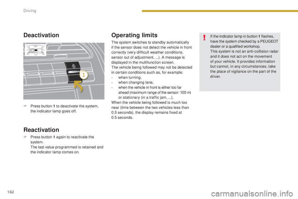 PEUGEOT 5008 2016  Owners Manual 162
5008_en_Chap08_conduite_ed01-2015
Deactivation
Reactivation
F Press button 1 again to reactivate the system.
 T

he last value programmed is retained and 
the indicator lamp comes on.
Operating li