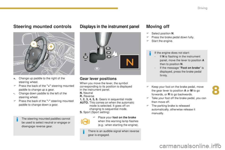 PEUGEOT 5008 2016 Owners Manual 171
5008_en_Chap08_conduite_ed01-2015
Steering mounted controls
+. Change up paddle to the right of the steering wheel.
F
P
ress the back of the "+" steering mounted
paddle to change up a PEUGEOT 5008 2016 Owners Manual 171
5008_en_Chap08_conduite_ed01-2015
Steering mounted controls
+. Change up paddle to the right of the steering wheel.
F
P
ress the back of the "+" steering mounted
paddle to change up a