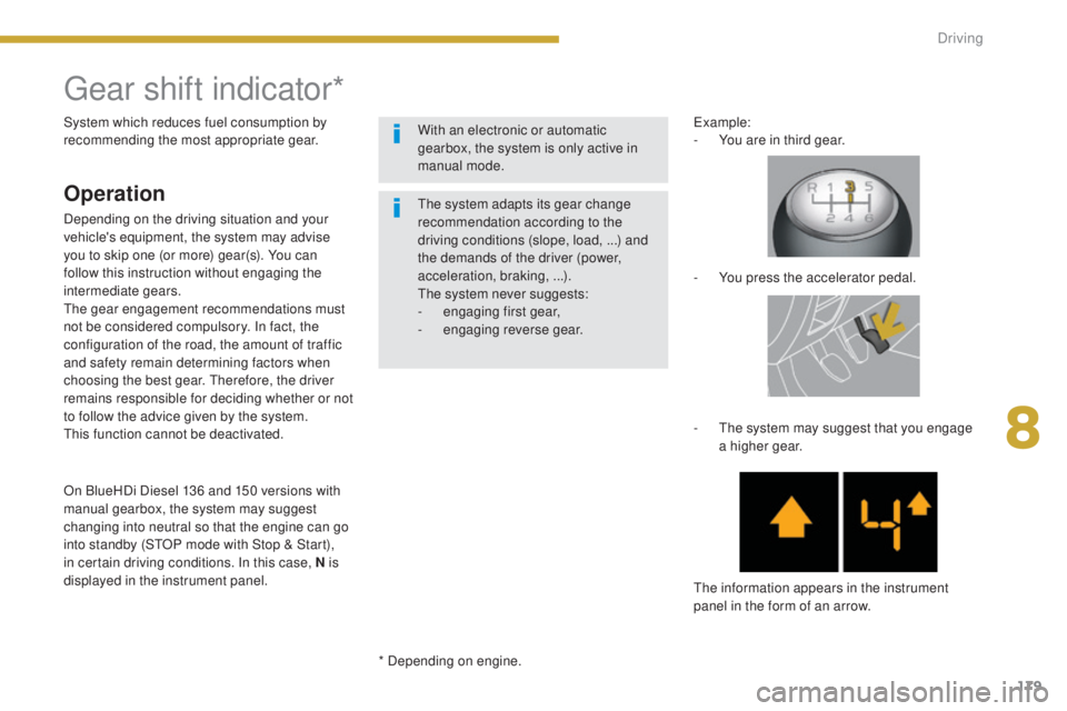 PEUGEOT 5008 2016 Owners Manual 179
5008_en_Chap08_conduite_ed01-2015
Gear shift indicator*
Operation
Depending on the driving situation and your
vehicle's equipment, the system may advise
you to skip one (or more) gear(s). Yo PEUGEOT 5008 2016 Owners Manual 179
5008_en_Chap08_conduite_ed01-2015
Gear shift indicator*
Operation
Depending on the driving situation and your
vehicle's equipment, the system may advise
you to skip one (or more) gear(s). Yo