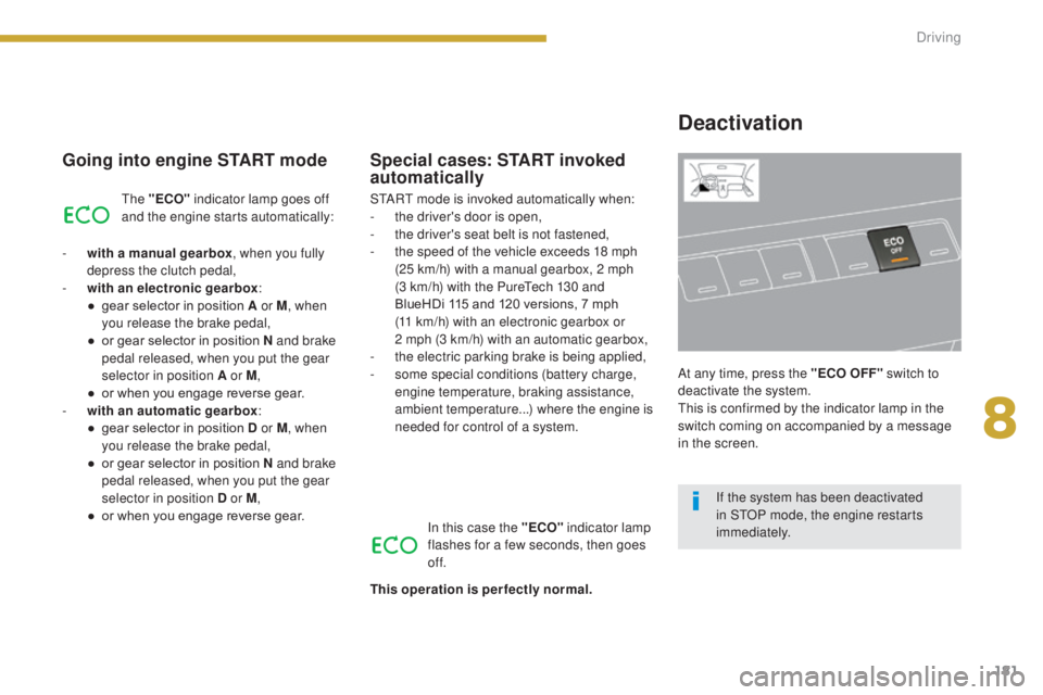 PEUGEOT 5008 2016 Owners Manual 181
5008_en_Chap08_conduite_ed01-2015
Going into engine START mode
The "ECO" indicator lamp goes off
and the engine starts automatically:
-
w
ith a manual gearbox , when you fully
depress PEUGEOT 5008 2016 Owners Manual 181
5008_en_Chap08_conduite_ed01-2015
Going into engine START mode
The "ECO" indicator lamp goes off
and the engine starts automatically:
-
w
ith a manual gearbox , when you fully
depress