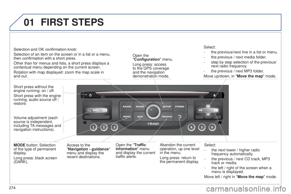 PEUGEOT 5008 2016  Owners Manual 01
274
5008_en_Chap12b_RT6-2-8_ed01-2015
Select:
- 
the next lower / higher radio 
frequency automatically

.
-
 
the previous / next CD track, MP3 
track or media.
-

 
the left / right of the screen