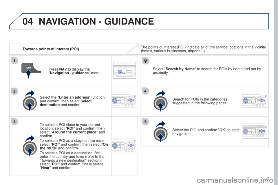 PEUGEOT 5008 2016 Owners Manual 04
283
5008_en_Chap12b_RT6-2-8_ed01-2015
Towards points of interest (POI)The points of interest (POI) indicate all of the service locations in \
the vicinity
(hotels, various businesses, airports...) PEUGEOT 5008 2016 Owners Manual 04
283
5008_en_Chap12b_RT6-2-8_ed01-2015
Towards points of interest (POI)The points of interest (POI) indicate all of the service locations in \
the vicinity
(hotels, various businesses, airports...)