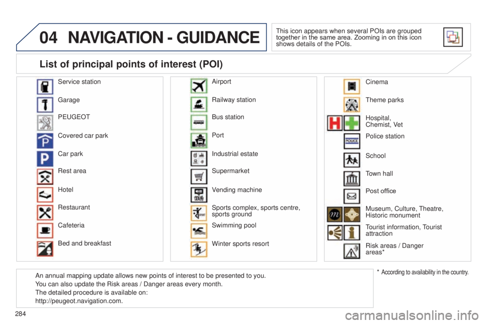 PEUGEOT 5008 2016 Owners Manual 04
284
5008_en_Chap12b_RT6-2-8_ed01-2015
NAVIGATION - GUIDANCE
This icon appears when several POIs are grouped
together in the same area. Zooming in on this icon
shows details of the POIs.
Service s PEUGEOT 5008 2016 Owners Manual 04
284
5008_en_Chap12b_RT6-2-8_ed01-2015
NAVIGATION - GUIDANCE
This icon appears when several POIs are grouped
together in the same area. Zooming in on this icon
shows details of the POIs.
Service s