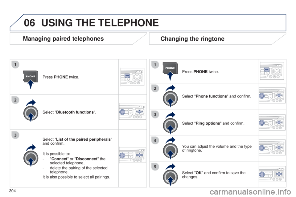 PEUGEOT 5008 2016  Owners Manual 06
304
5008_en_Chap12b_RT6-2-8_ed01-2015
Press PHONE twice.
Select "List of the paired peripherals" 
and confirm.
It is possible to:
-
  "Connect" or "Disconnect" the 
selected