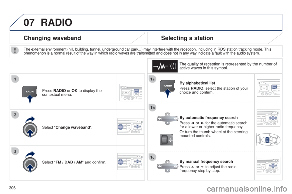 PEUGEOT 5008 2016  Owners Manual 07
306
5008_en_Chap12b_RT6-2-8_ed01-2015
By alphabetical list
Press RADIO, select the station of your 
choice and confirm.
By automatic frequency search
Press 7 or 8 for the automatic search 
for a lo