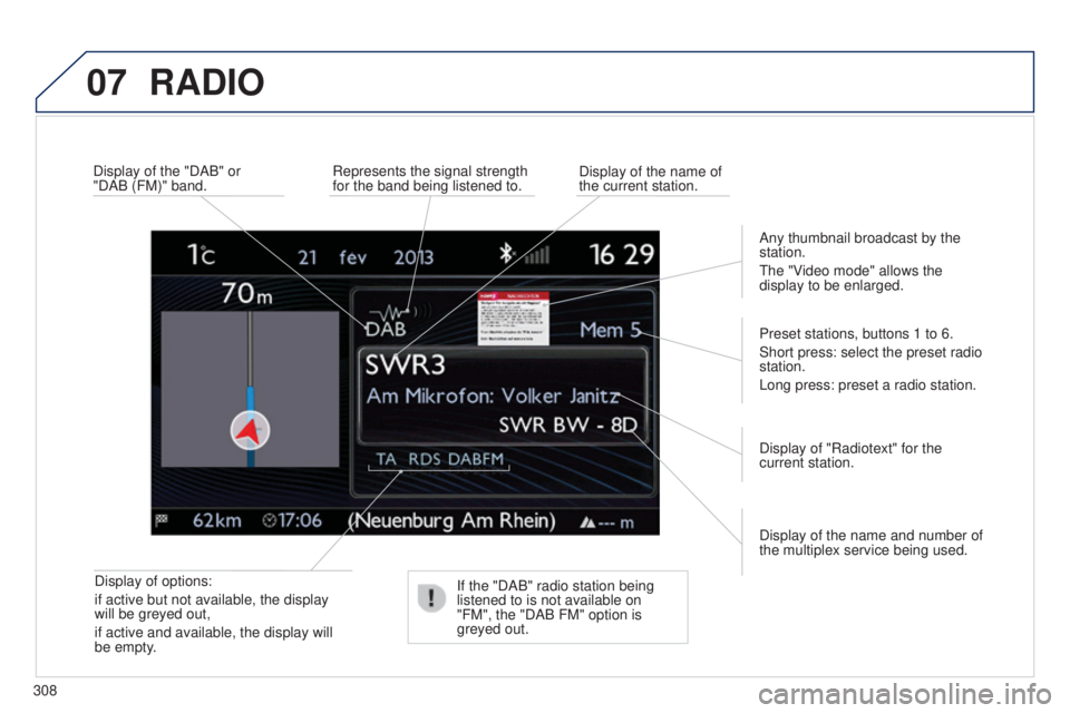 PEUGEOT 5008 2016  Owners Manual 07
308
5008_en_Chap12b_RT6-2-8_ed01-2015
RADIO
Display of options:
if active but not available, the display 
will be greyed out,
if active and available, the display will 
be empty.Display of the name