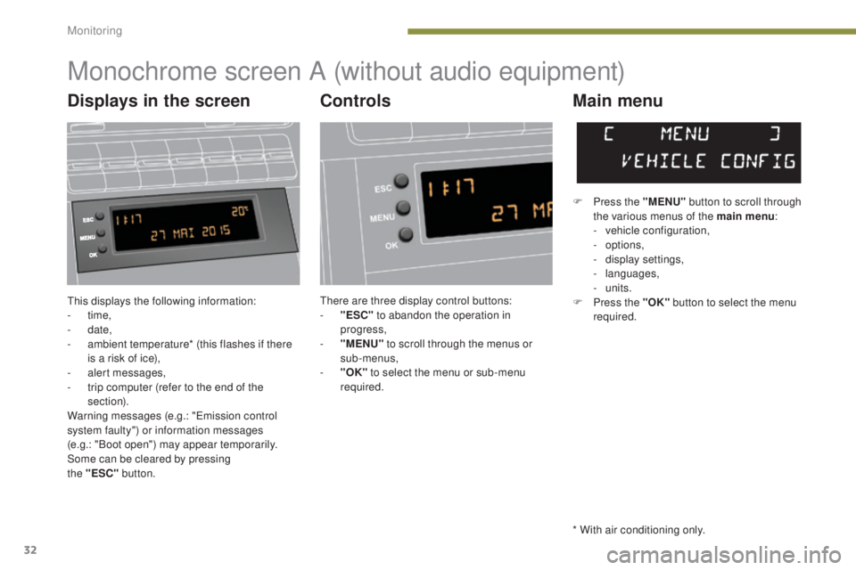 PEUGEOT 5008 2016 Owners Guide 32
5008_en_Chap01_controle-marche_ed01-2015
This displays the following information:
- time,
-
date,
-
a
mbient temperature* (this flashes if there
is a risk of ice),
-
a
lert messages,
-
PEUGEOT 5008 2016 Owners Guide 32
5008_en_Chap01_controle-marche_ed01-2015
This displays the following information:
- time,
-
date,
-
a
mbient temperature* (this flashes if there
is a risk of ice),
-
a
lert messages,
-