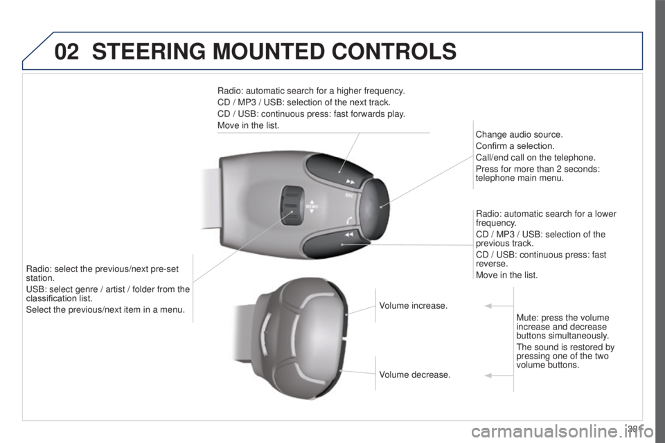 PEUGEOT 5008 2016  Owners Manual 02
331
5008_EN_CHAP12C_RD45_ED01_2015
STEERING MOUNTED CONTROLS
Radio: automatic search for a higher frequency.
CD / MP3 / USB: selection of the next track.
CD / USB: continuous press: fast forwards p