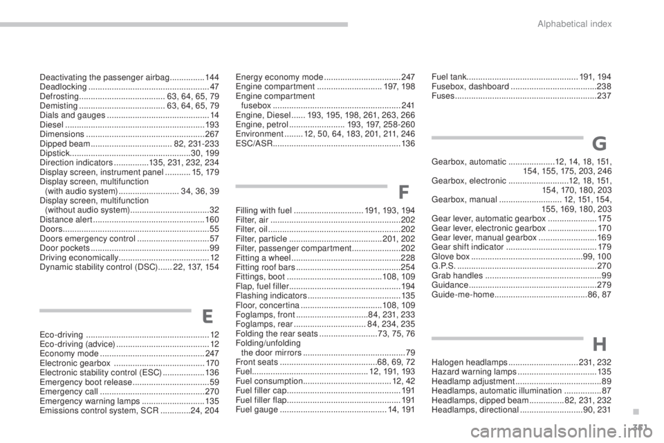 PEUGEOT 5008 2016  Owners Manual 351
5008_en_Chap13_index-alpha_ed01-2015
F
E
H
G
Deactivating the passenger airbag ...............14 4
Deadlocking  .................................................... 47
Defrosting
 

..............