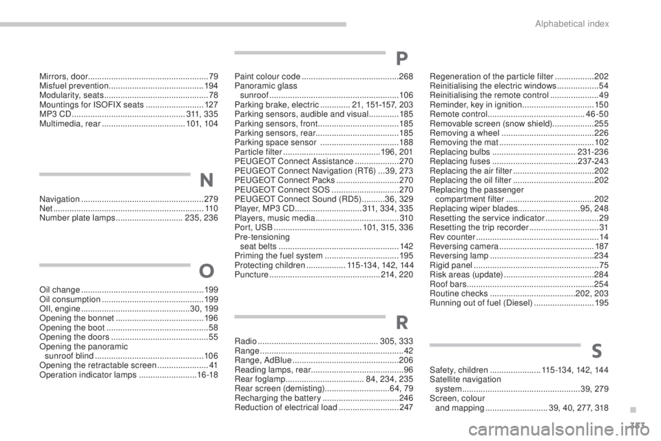 PEUGEOT 5008 2016  Owners Manual 353
5008_en_Chap13_index-alpha_ed01-2015
Safety, children ......................1 15 -13 4, 142, 14 4
Satellite navigation   system
  ................................................... 39, 279
Screen