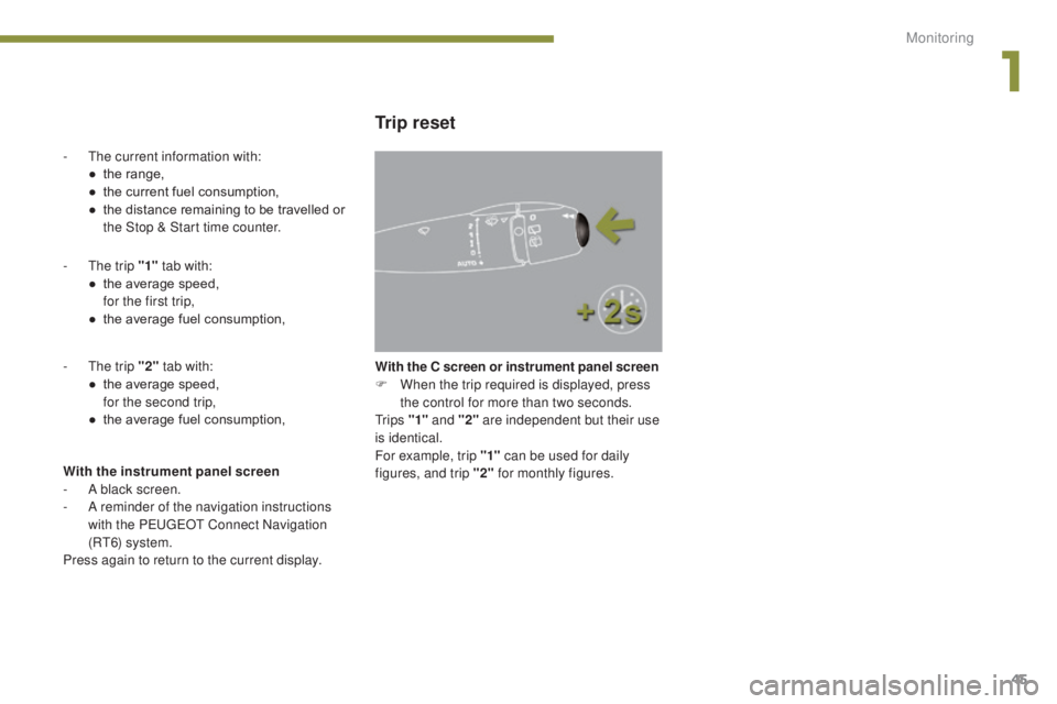 PEUGEOT 5008 2016  Owners Manual 45
5008_en_Chap01_controle-marche_ed01-2015
- The trip "1" tab with:
●  t he average speed, 
 f

or the first trip,
●
 
t
 he average fuel consumption,
-
 
T
 he trip "2"  tab with