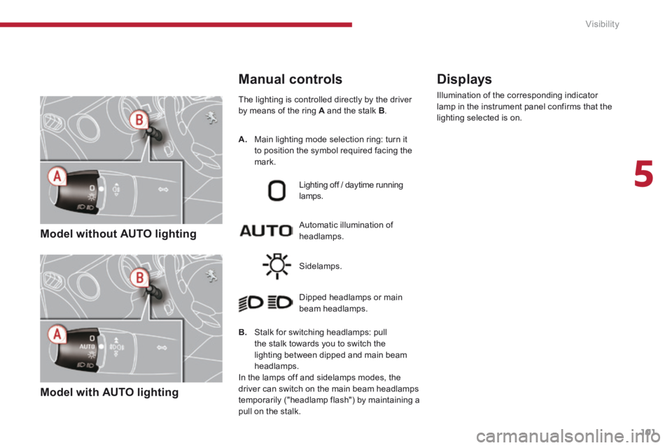 PEUGEOT 5008 2014 Owners Manual 5
Visibility101
Model without AUTO lighting
Model with AUTO lighting
The lighting is controlled directly by the driver by means of the ring A and the stalk B .
B. Stalk for s PEUGEOT 5008 2014 Owners Manual 5
Visibility101
Model without AUTO lighting
Model with AUTO lighting
The lighting is controlled directly by the driver by means of the ring A and the stalk B .
B. Stalk for s