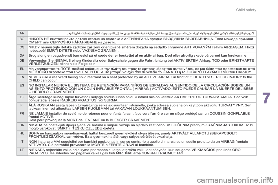 PEUGEOT 5008 2014 Owners Manual 7
AR
BG
НИКОГА НЕ инсталирайте детско столче на седалка с АКТИВИРАНА предна ВЪЗДУШНА ВЪЗГЛАВНИЦ А. Това можеда п PEUGEOT 5008 2014 Owners Manual 7
AR
BG
НИКОГА НЕ инсталирайте детско столче на седалка с АКТИВИРАНА предна ВЪЗДУШНА ВЪЗГЛАВНИЦ А. Това можеда п