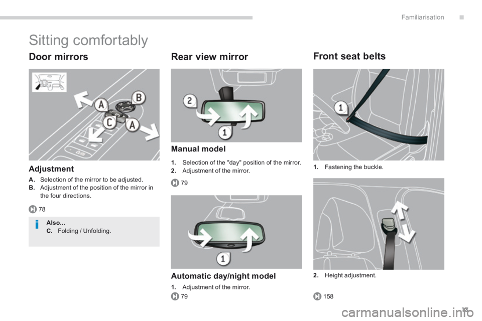 PEUGEOT 5008 2014 User Guide .
78
79
79158
Familiarisation13
 Sitting  comfortably 
  Door  mirrors 
  Adjustment 
A.   Selection of the mirror to be adjusted. B.   Adjustment of the position of the mirror in the four directions.