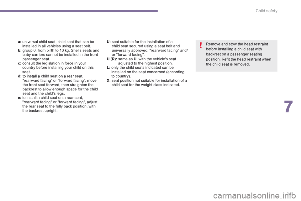 PEUGEOT 5008 2014  Owners Manual 7
Child safety141
  Remove and stow the head restraint before installing a child seat with backrest on a passenger seating position. Refit the head restraint when the child seat is removed.   
a:   un