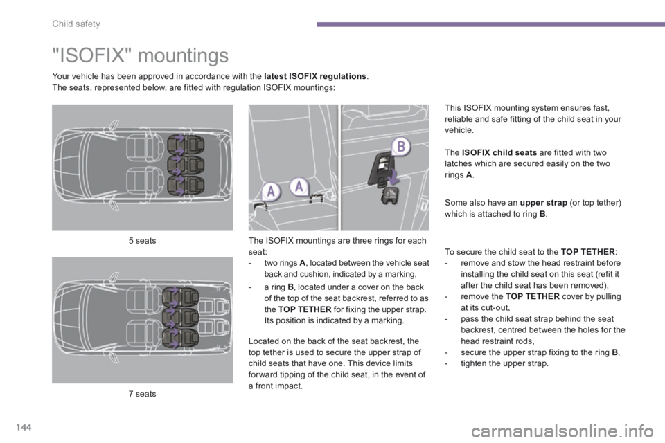 PEUGEOT 5008 2014  Owners Manual Child safety
144
            "ISOFIX"  mountings  
  The ISOFIX mountings are three rings for each seat:    -   two  rings   A , located between the vehicle seat back and cushion, indicated by a marki