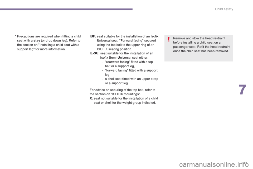PEUGEOT 5008 2014  Owners Manual 7
Child safety147
  Remove and stow the head restraint before installing a child seat on a passenger seat. Refit the head restraint once the child seat has been removed.   
  *    Precautions are requ
