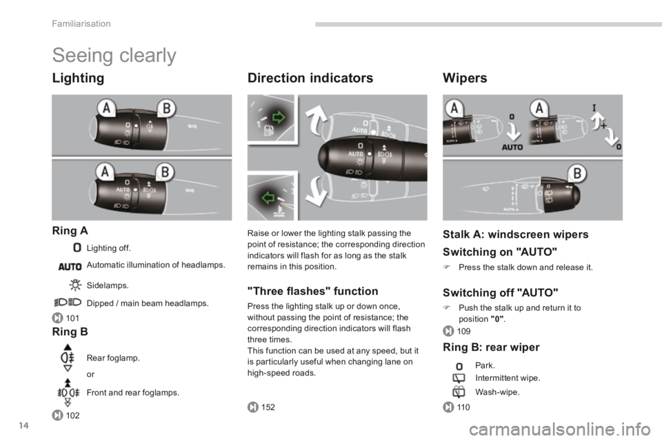 PEUGEOT 5008 2014  Owners Manual 101
102152
109
11 0
Familiarisation
14
 Seeing  clearly 
  Lighting 
  Ring  A 
 Lighting  off. 
  Ring  B 
 Sidelamps. 
 Dipped / main beam headlamps.  
 Rear  foglamp. 
 or 
 Front  and  rear  fogla