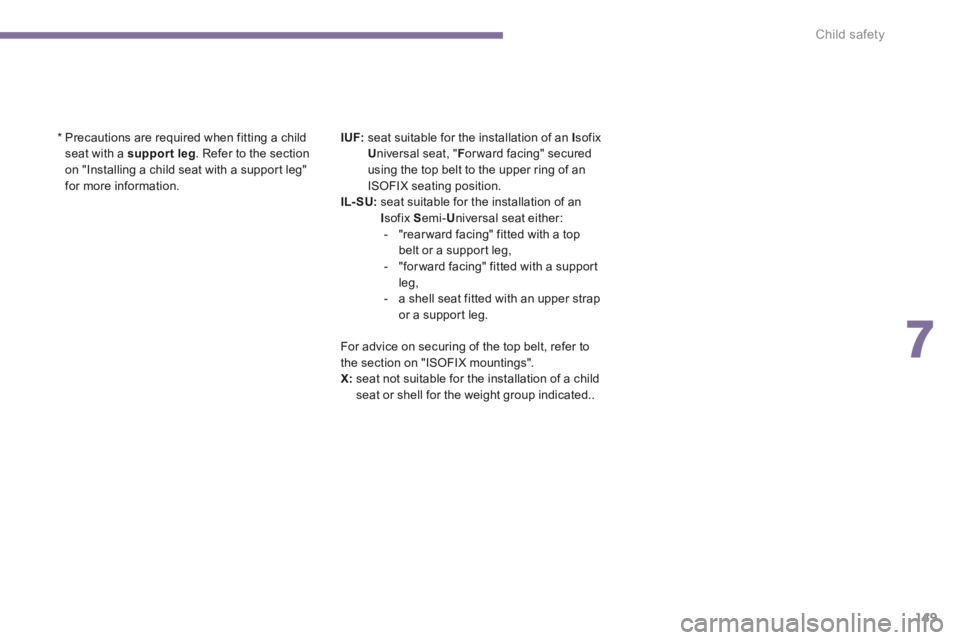 PEUGEOT 5008 2014  Owners Manual 7
Child safety149
  *  Precautions are required when fitting a child seat with a  support leg . Refer to the section on "Installing a child seat with a support leg" for more information.  
I UF:   sea