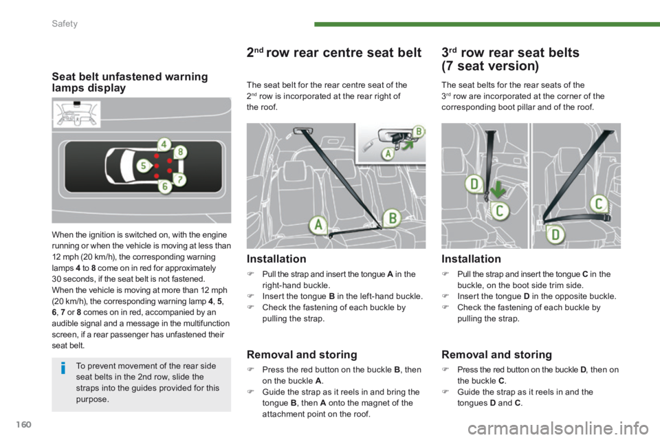PEUGEOT 5008 2014 Owners Manual Safety
160
Seat belt unfastened warning lamps display
When the ignition is switched on, with the engine running or when the vehicle is moving at less than 12 mph (20 km/h), the corresponding warning PEUGEOT 5008 2014 Owners Manual Safety
160
Seat belt unfastened warning lamps display
When the ignition is switched on, with the engine running or when the vehicle is moving at less than 12 mph (20 km/h), the corresponding warning