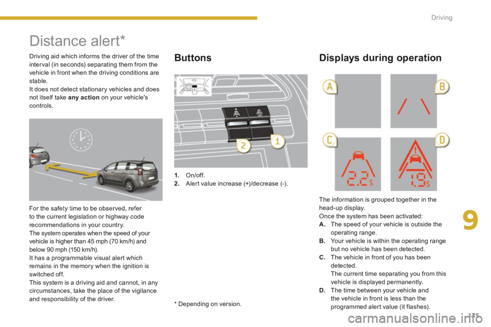 PEUGEOT 5008 2014 Owners Manual 9
Driving175
Distance alert *
For the safety time to be observed, refer to the current legislation or highway code recommendations in your country. The system operates when the speed of yo PEUGEOT 5008 2014 Owners Manual 9
Driving175
Distance alert *
For the safety time to be observed, refer to the current legislation or highway code recommendations in your country. The system operates when the speed of yo