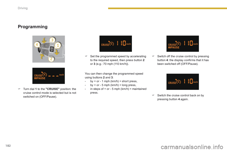 PEUGEOT 5008 2014 Owners Manual Driving
182
Programming
Set the programmed speed by accelerating to the required speed, then press button 2or 3 (e.g.: 70 mph (110 km/h)).
Switch off the cruise control by pressing PEUGEOT 5008 2014 Owners Manual Driving
182
Programming
Set the programmed speed by accelerating to the required speed, then press button 2or 3 (e.g.: 70 mph (110 km/h)).
Switch off the cruise control by pressing