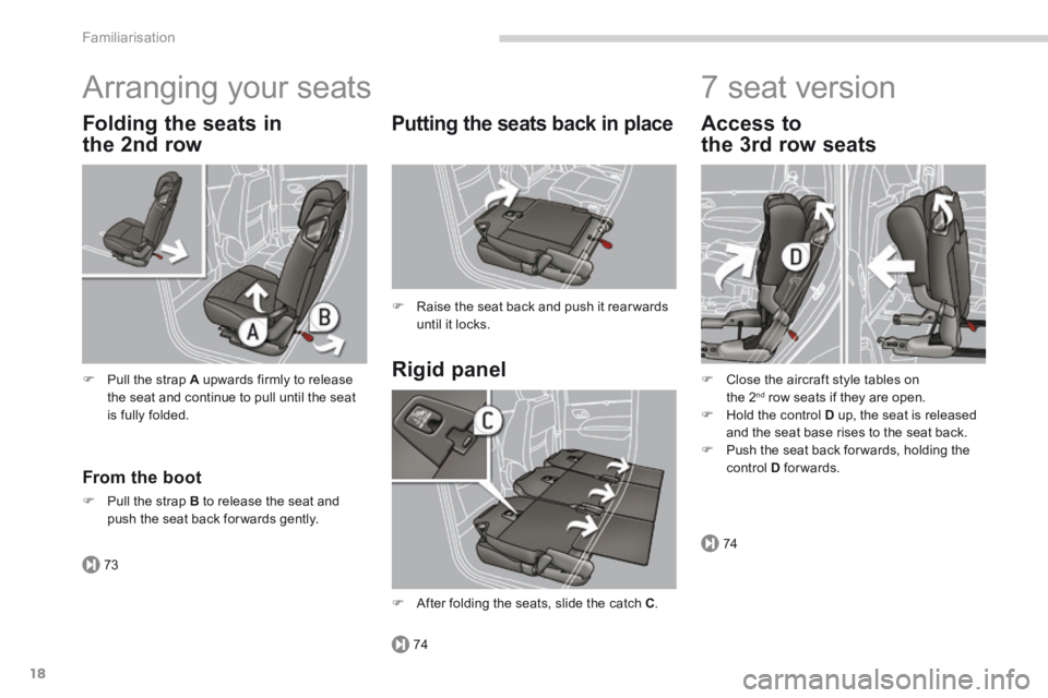 PEUGEOT 5008 2014  Owners Manual 73
74
74
Familiarisation
18
 Arranging your seats 
  Rigid  panel 
  Putting the seats back in place 
   Raise the seat back and push it rear wards until  it  locks.   
  From  the  boot 
   Pul