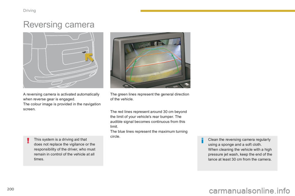 PEUGEOT 5008 2014  Owners Manual Driving
200
         Reversing  camera  
  A reversing camera is activated automatically when reverse gear is engaged.  The colour image is provided in the navigation screen.  
  This system is a driv