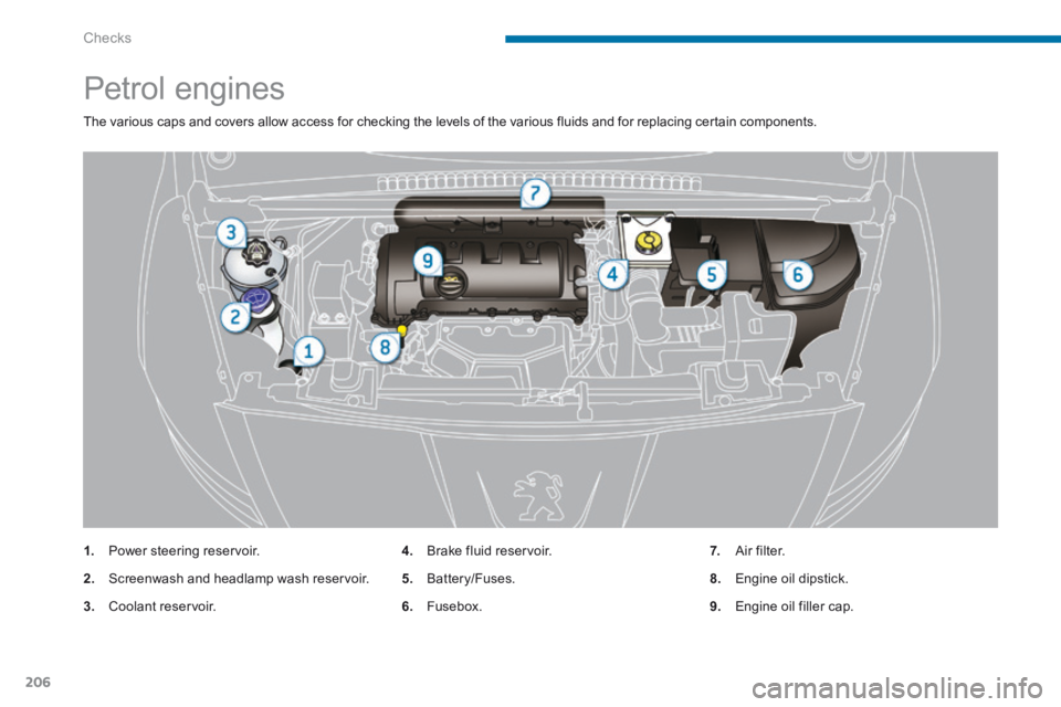 PEUGEOT 5008 2014  Owners Manual Checks
206
               Petrol engines 
 The various caps and covers allow access for checking the levels of the various fluids and for replacing certain components. 
1.   Power steering reservoir. 