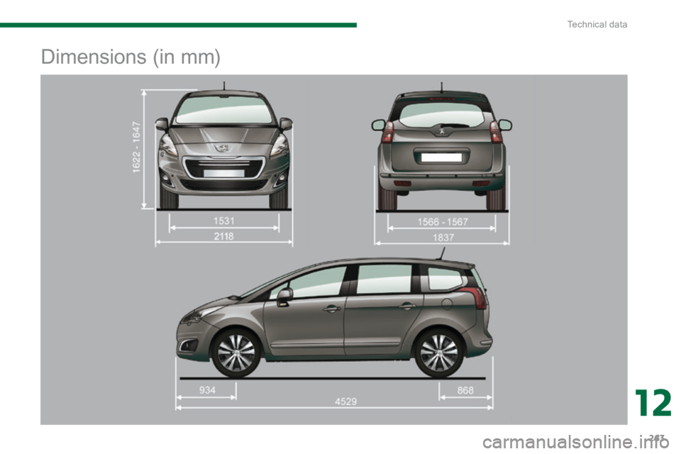 PEUGEOT 5008 2014  Owners Manual 12
Technical data263
      
Dimensions (in mm)  