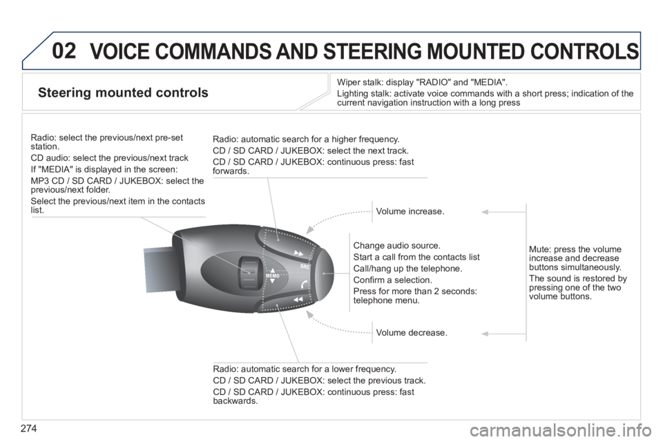 PEUGEOT 5008 2014  Owners Manual 274
02 VOICE COMMANDS AND STEERING MOUNTED CONTROLS 
Steering mounted controls 
  Wiper stalk: display "RADIO" and "MEDIA". 
 Lighting stalk: activate voice commands with a short press; indication o\
