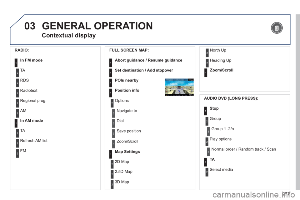 PEUGEOT 5008 2014  Owners Manual 277
03 GENERAL  OPERATION 
  Contextual  display 
  RADIO: 
In FM mode1
2
2
 TA 
 RDS 
2 Radiotext 
2 Regional  prog. 
  FULL  SCREEN  MAP: 
Abort guidance / Resume guidance1
1
1
1
Set destination / A