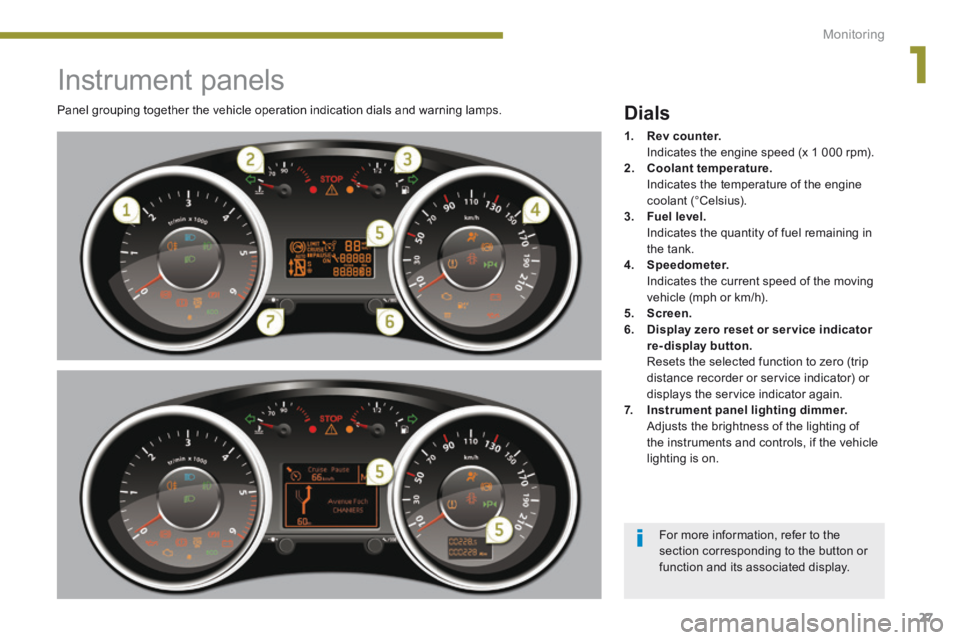 PEUGEOT 5008 2014 Owners Manual 1
Monitoring27
Instrument panels
Panel grouping together the vehicle operation indication dials and warning lamps. Dials
1. Rev counter. Indicates the engine spee PEUGEOT 5008 2014 Owners Manual 1
Monitoring27
Instrument panels
Panel grouping together the vehicle operation indication dials and warning lamps. Dials
1. Rev counter. Indicates the engine spee