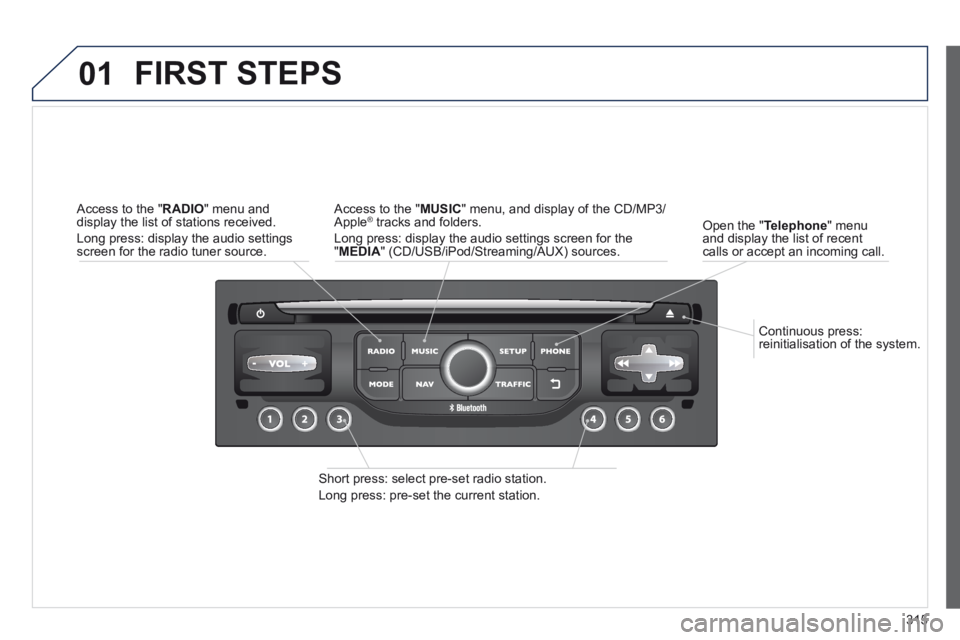 PEUGEOT 5008 2014  Owners Manual 315
01
  Continuous  press: reinitialisation of the system.  
  Open  the  " Telephone "  menu and display the list of recent calls or accept an incoming call.  
 FIRST  STEPS 
  Short press: select p