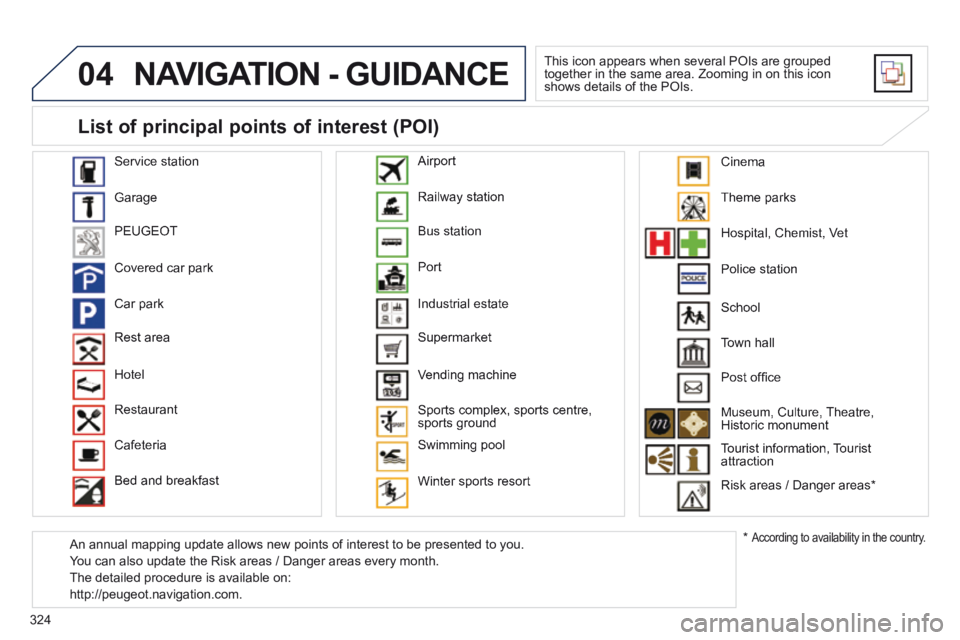 PEUGEOT 5008 2014  Owners Manual 324
04 NAVIGATION - GUIDANCE 
 This icon appears when several POIs are grouped together in the same area. Zooming in on this icon shows details of the POIs. 
  Service  station 
 Garage 
 PEUGEOT 
 Co