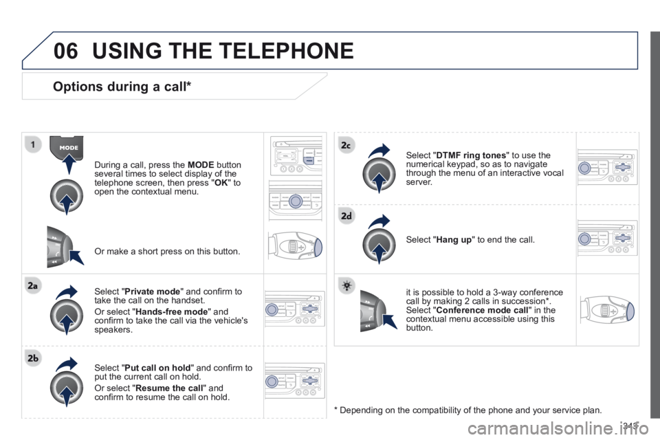 PEUGEOT 5008 2014  Owners Manual 343
06
  Options  during  a  call *  
  During a call, press the  MODE   button several times to select display of the telephone screen, then press " OK "  to open the contextual menu.  
  Select  " P