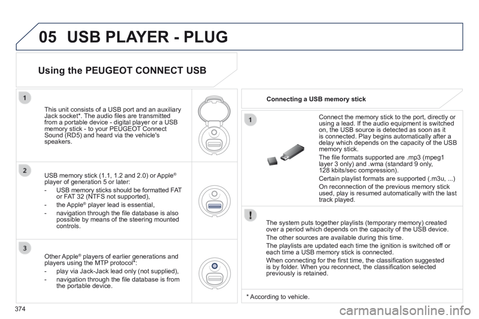 PEUGEOT 5008 2014  Owners Manual 374
05 USB PLAYER - PLUG 
  The system puts together playlists (temporary memory) created over a period which depends on the capacity of the USB device. 
 The other sources are available during this t