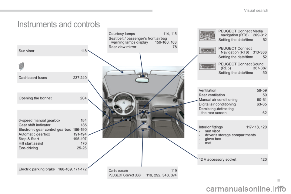 PEUGEOT 5008 2014  Owners Manual .
Visual search395
 Instruments  and  controls  
  Courtesy lamps  114, 115  Seat belt / passengers front airbag warning lamps display  159 -160, 163  Rear view mirror  78  
Centre console 11 9  PEUG