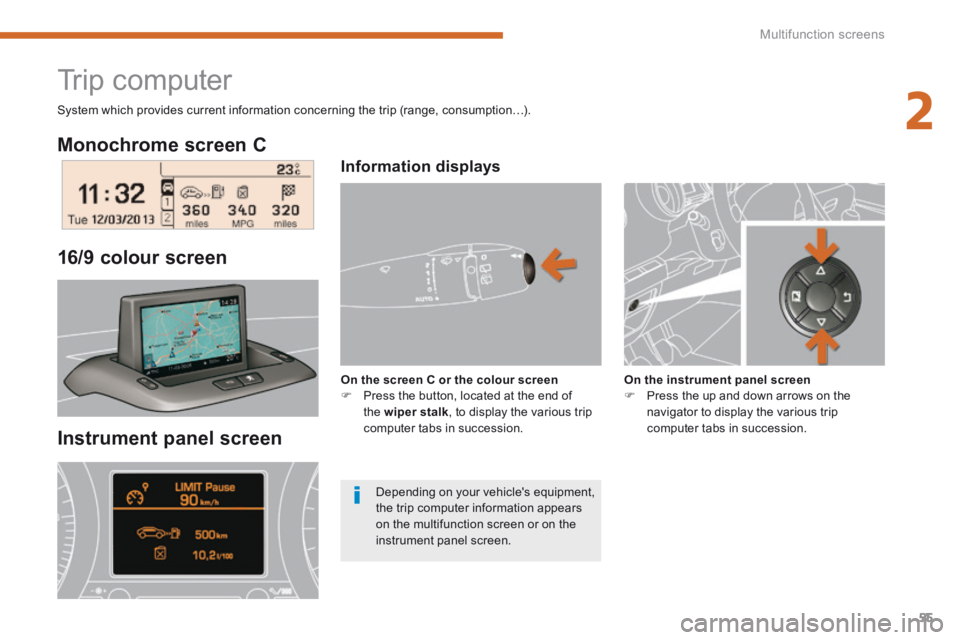 PEUGEOT 5008 2014 Workshop Manual 2
Multifunction screens55
Monochrome screen C
Instrument panel screen
16/9 colour screen
Trip computer
Information displays
On the screen C or the colour screen Pr PEUGEOT 5008 2014 Workshop Manual 2
Multifunction screens55
Monochrome screen C
Instrument panel screen
16/9 colour screen
Trip computer
Information displays
On the screen C or the colour screen Pr