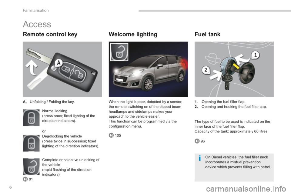 PEUGEOT 5008 2014  Owners Manual 81
105
96
Familiarisation
6
 Access 
  Remote  control  key 
A.   Unfolding / Folding the key.  
 Normal  locking  (press once; fixed lighting of the direction indicators). 
 Deadlocking  the  vehicle