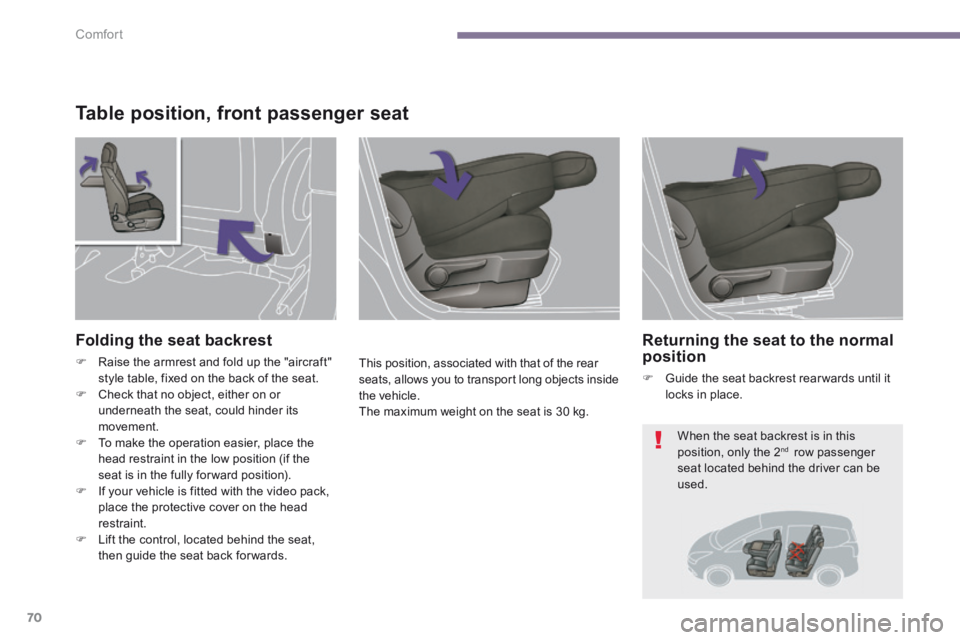 PEUGEOT 5008 2014 Manual PDF Comfort
70
Table position, front passenger seat
This position, associated with that of the rear seats, allows you to transport long objects inside the vehicle. The maximum weight on the seat is 30 PEUGEOT 5008 2014 Manual PDF Comfort
70
Table position, front passenger seat
This position, associated with that of the rear seats, allows you to transport long objects inside the vehicle. The maximum weight on the seat is 30