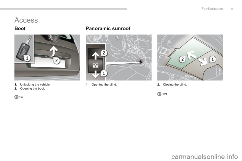 PEUGEOT 5008 2014  Owners Manual .
94124
Familiarisation7
 Access 
  Boot   Panoramic  sunroof 
1.   Opening the blind. 1.   Unlocking the vehicle. 2.   Opening  the  boot.    2.   Closing  the  blind.    
