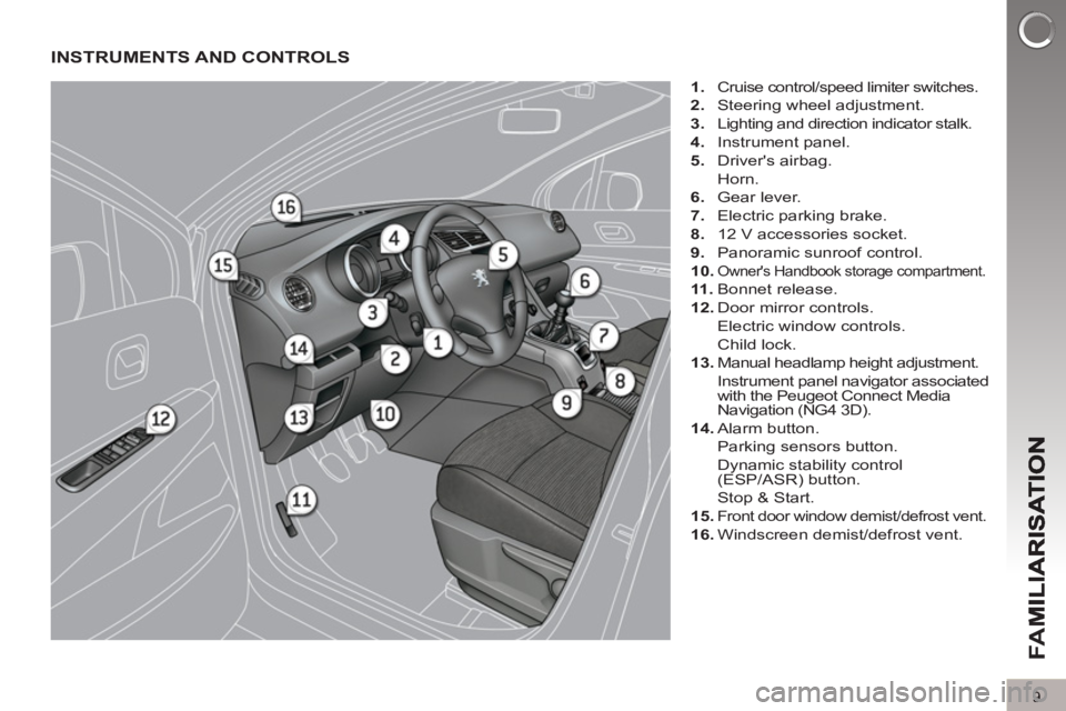 PEUGEOT 5008 2012 User Guide FA
M
9
INSTRUMENTS AND CONTROLS
1.
Cruise control/speed limiter switches.
2.
Steering wheel adjustment.
3.
Lighting and direction indicator stalk.
4.
Instrument panel. PEUGEOT 5008 2012 User Guide FA
M
9
INSTRUMENTS AND CONTROLS
1.
Cruise control/speed limiter switches.
2.
Steering wheel adjustment.
3.
Lighting and direction indicator stalk.
4.
Instrument panel.