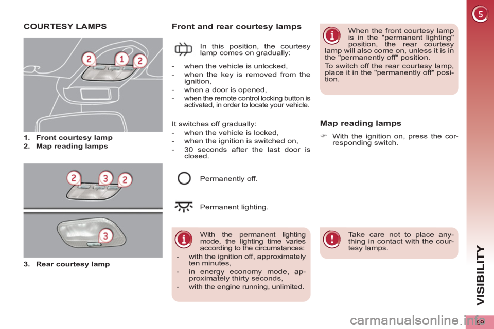 PEUGEOT 5008 2012 Owners Manual VIS
99
COURTESY LAMPS
1.
Front courtesy lamp
2.
Map reading lamps
Front and rear courtesy lamps
In this position, the courtesy
lamp comes on gradually:
Map reading lamps
PEUGEOT 5008 2012 Owners Manual VIS
99
COURTESY LAMPS
1.
Front courtesy lamp
2.
Map reading lamps
Front and rear courtesy lamps
In this position, the courtesy
lamp comes on gradually:
Map reading lamps