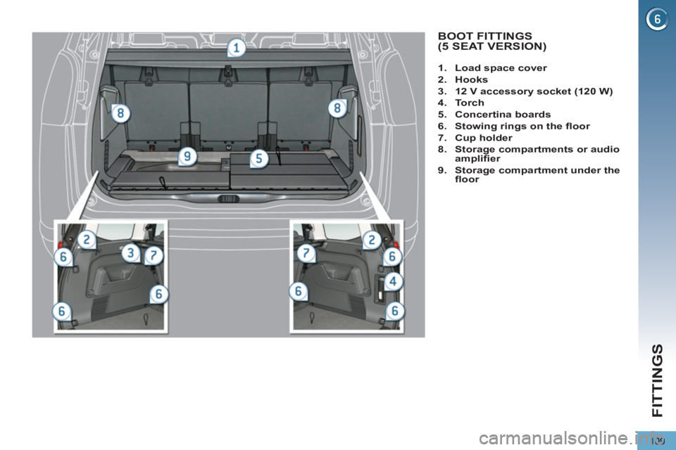 PEUGEOT 5008 2012  Owners Manual FITTINGS
109
BOOT FITTINGS (5 SEAT VERSION) 
   
 
 
1. 
  Load space cover 
 
   
2. 
  Hooks 
 
   
3. 
  12 V accessory socket (120 W) 
 
   
4. 
  To r c h 
 
   
5. 
  Concertina boards 
 
   
6.