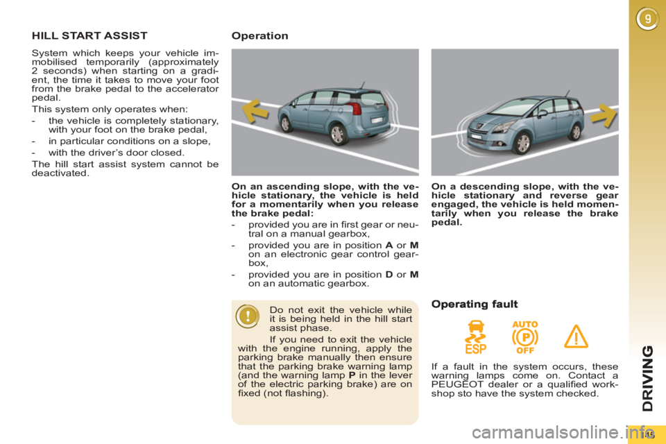 PEUGEOT 5008 2012 Owners Manual D
R
145
HILL START ASSIST
System which keeps your vehicle im-
mobilised temporarily (approximately
2 seconds) when starting on a gradi-
ent, the time it takes to move your foot
from the brake ped PEUGEOT 5008 2012 Owners Manual D
R
145
HILL START ASSIST
System which keeps your vehicle im-
mobilised temporarily (approximately
2 seconds) when starting on a gradi-
ent, the time it takes to move your foot
from the brake ped