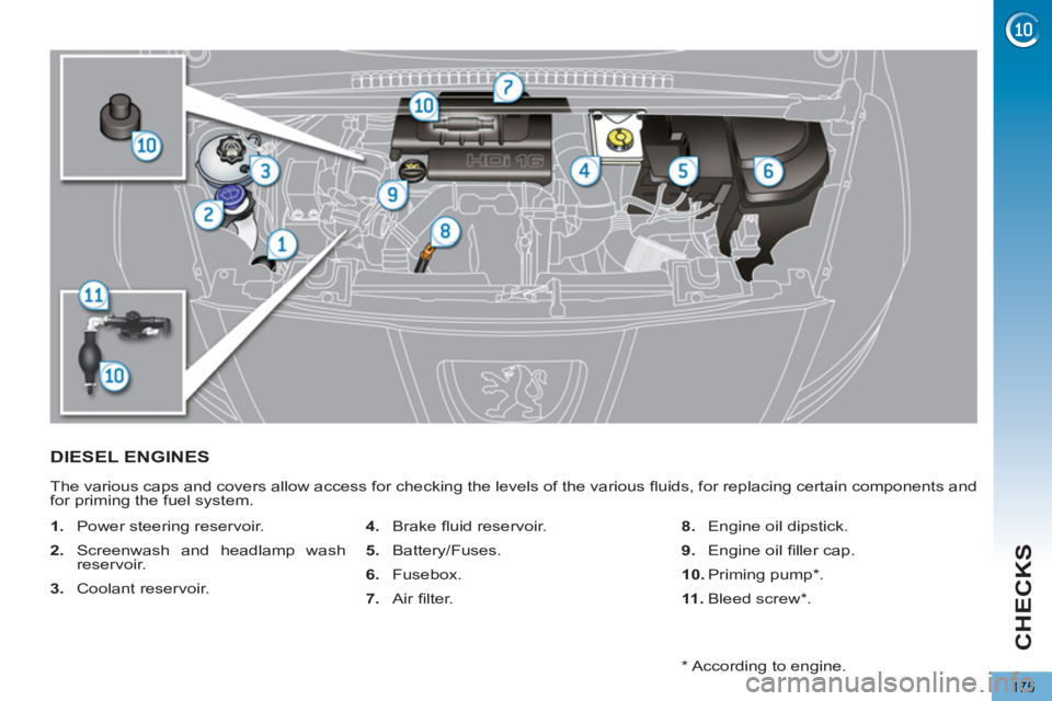 PEUGEOT 5008 2012  Owners Manual CHECKS
175
DIESEL ENGINES 
  The various caps and covers allow access for checking the levels of the various ﬂ uids, for replacing certain components and 
for priming the fuel system. 
   
 
1. 
  P